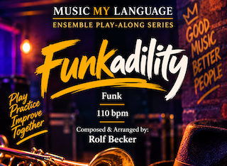 Cover of music sheet titled 'Funkadility' by Rolf Becker, part of Music My Language ensemble, featuring a purple background with yellow and white text, and a small section of a keyboard visible.