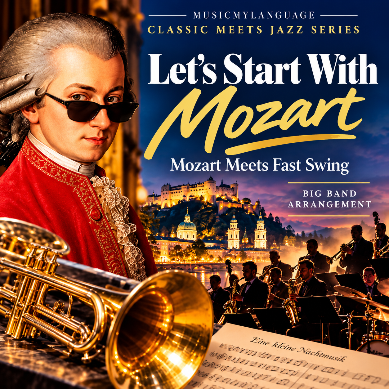 A promotional poster for a musical series titled 'Let's Start With Mozart,' featuring a person in a Mozart costume wearing sunglasses, holding a brass instrument, with a scenic cityscape background of a castle and church at sunset, and an orchestra performing in the foreground.