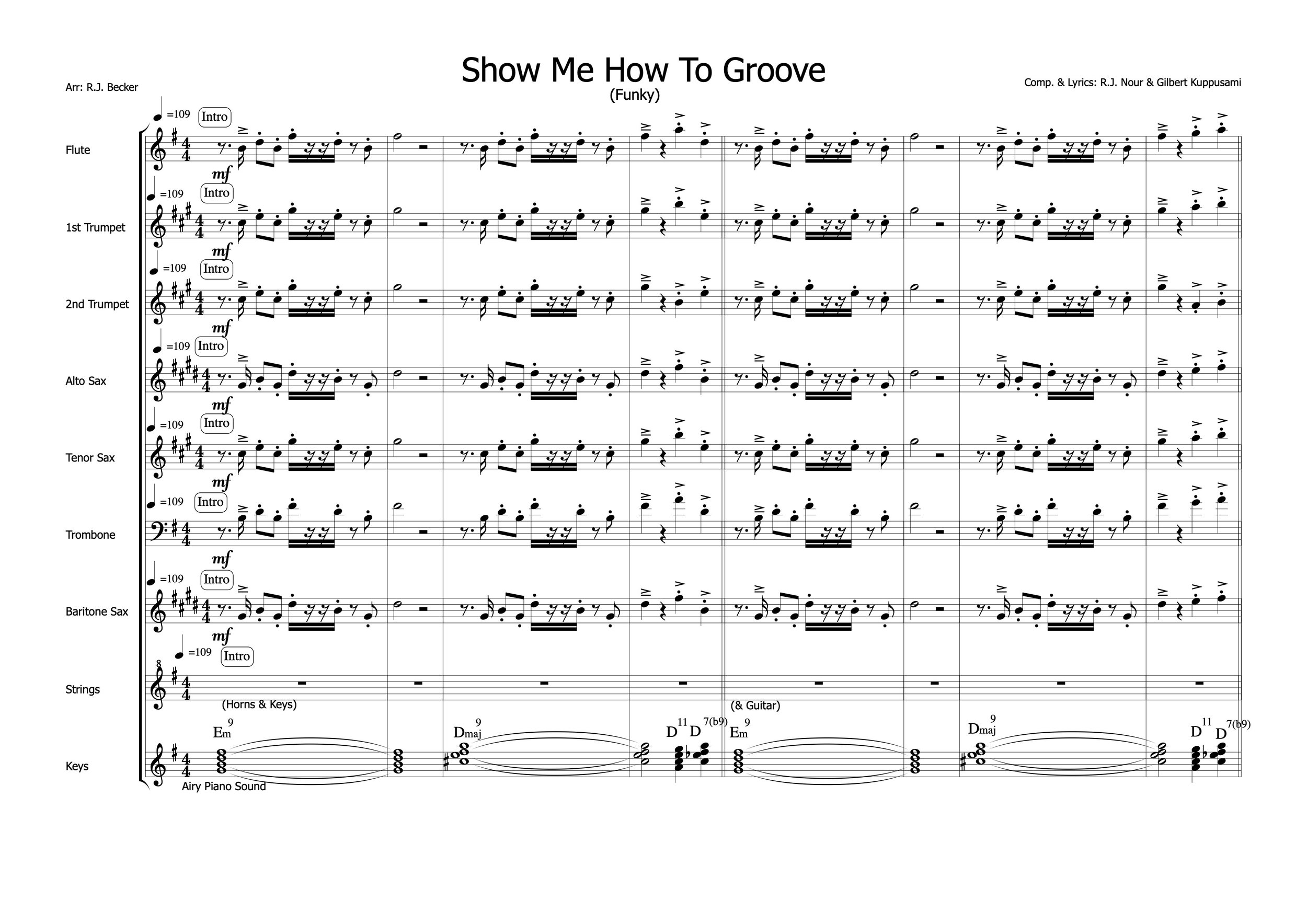 First page of the original studio arrangement of “Show Me How To Groove” by Rolf Becker (R.J. Becker), showing notation for flute, trumpets, saxophones, trombone, strings and keyboards.