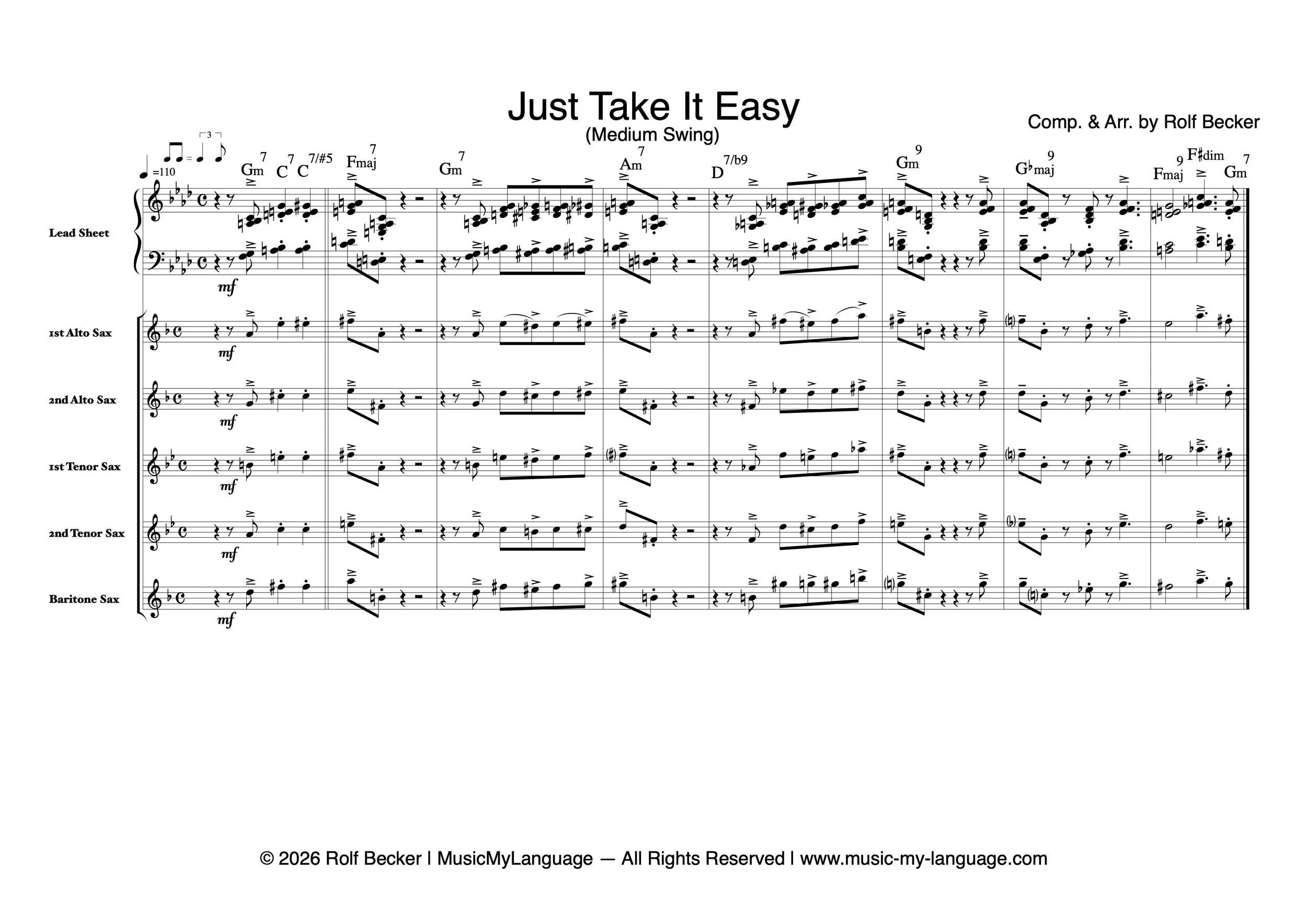 Five independent saxophone voices creating a harmonically dense cluster texture, without octave doubling or duplicated notes.