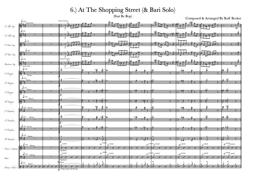 Sheet music titled '6) At The Shopping Street (& Bari Solo)', composed and arranged by Rolf Becker, with multiple staves for different instruments and musical notes.