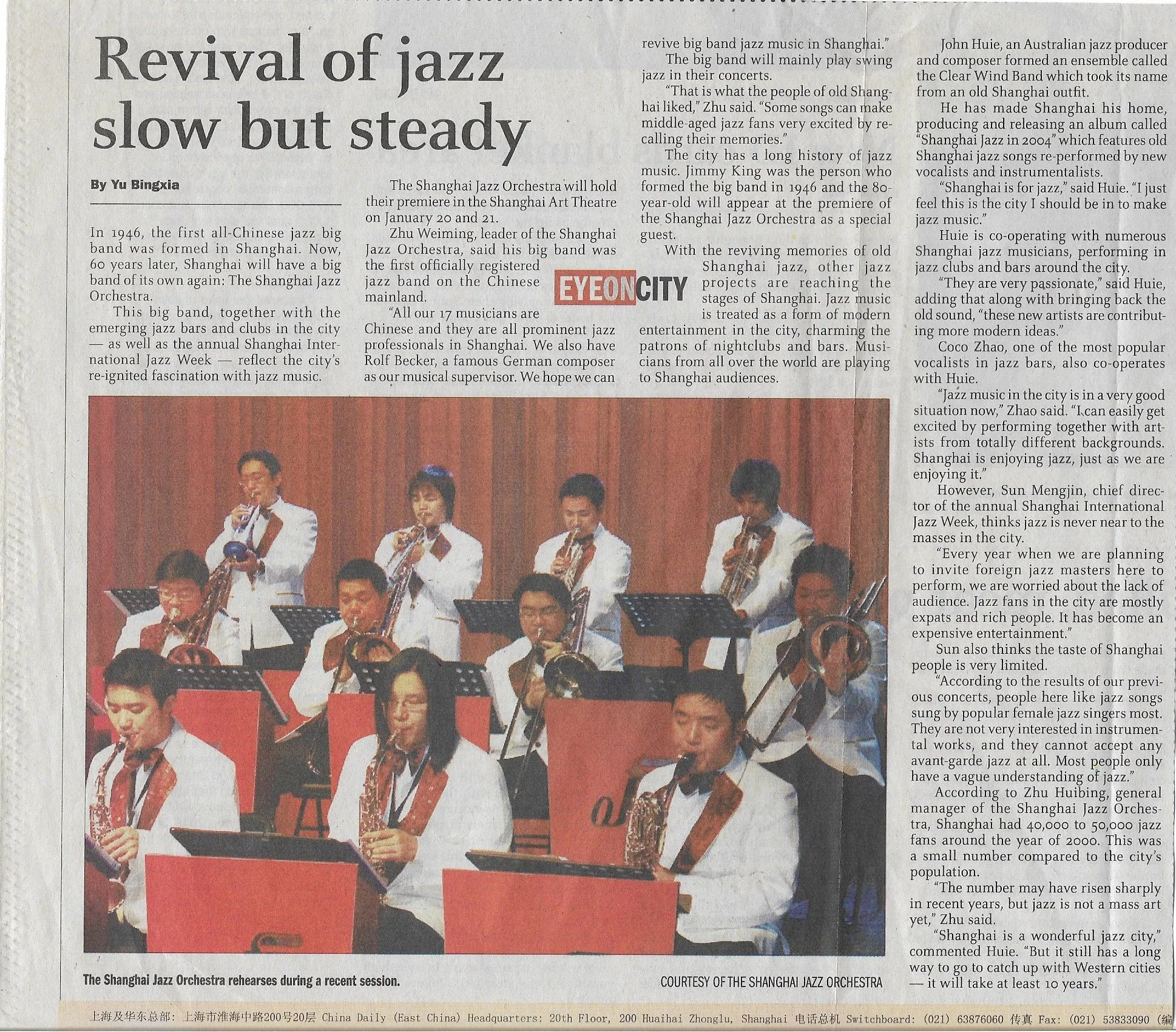Historical Shanghai Daily article, “Revival of jazz slow but steady,” documenting the Shanghai Jazz Orchestra and Rolf Becker's role as musical supervisor in 2006.