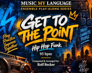 Promotional poster for music learning series titled 'Get to the Point,' featuring Hip Hop Funk, 95 bpm, by Rolf Becker, with a city skyline background and a boombox.