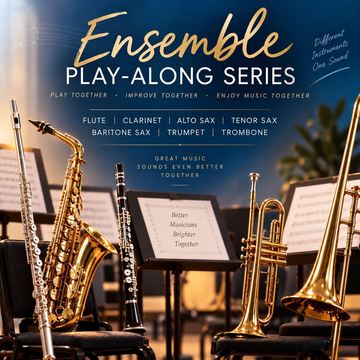 An outdoor jazz concert setup with music stands, printed sheet music, and several brass and woodwind instruments including saxophones, trombones, and a trumpet, arranged on chairs.
