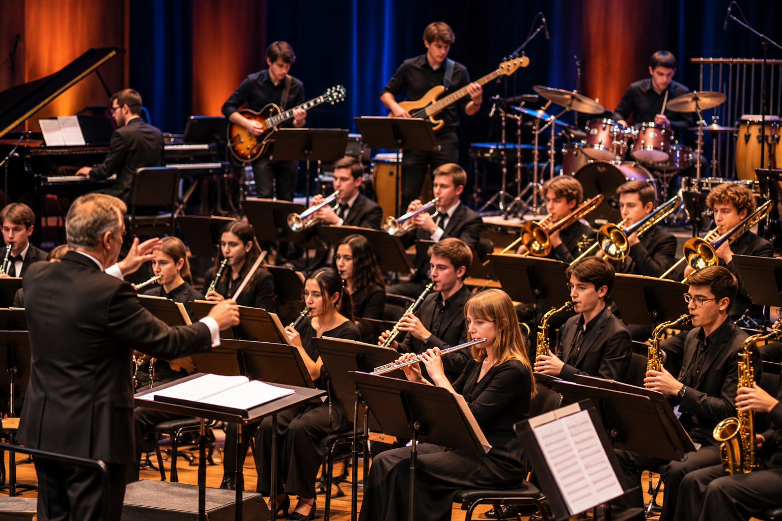 A large orchestra performs on stage, conducted by a man in a black suit. The orchestra includes musicians playing various instruments such as flutes, trumpets, trombones, drums, electric bass, piano, and guitar. The stage has warm, colored lighting and a wooden floor.