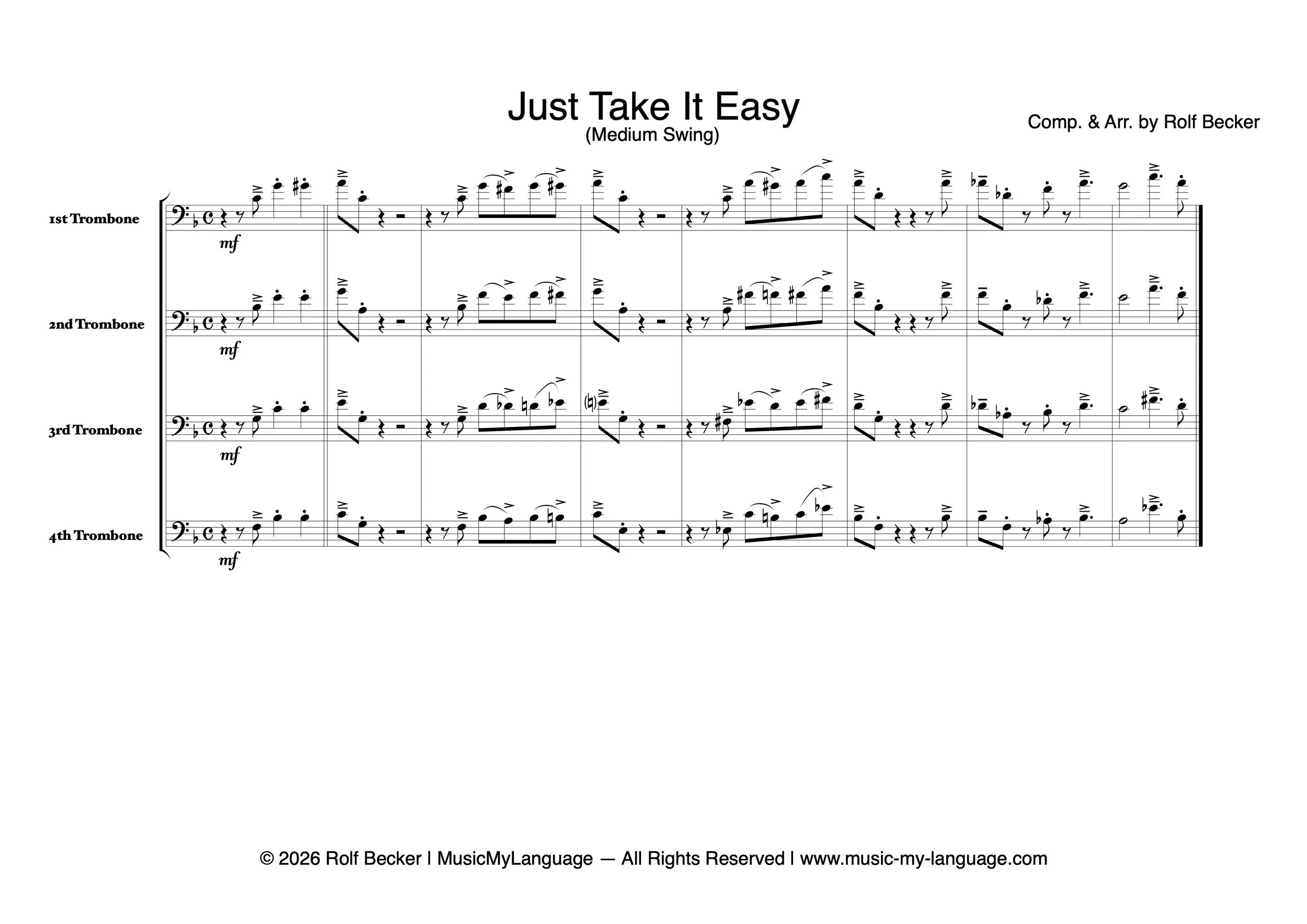 The same four-part Close Voicing adapted for the trombone section, illustrating the upper-register demands and technical considerations for professional versus student ensembles.