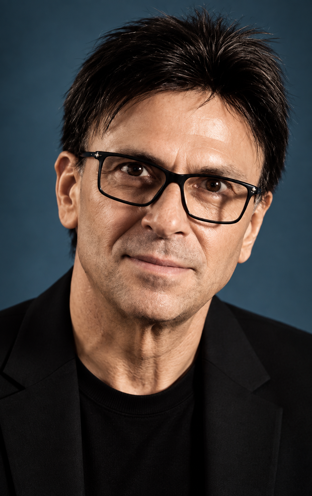 Portrait of a man with dark hair and glasses, wearing a black suit and black shirt, against a plain dark blue background.