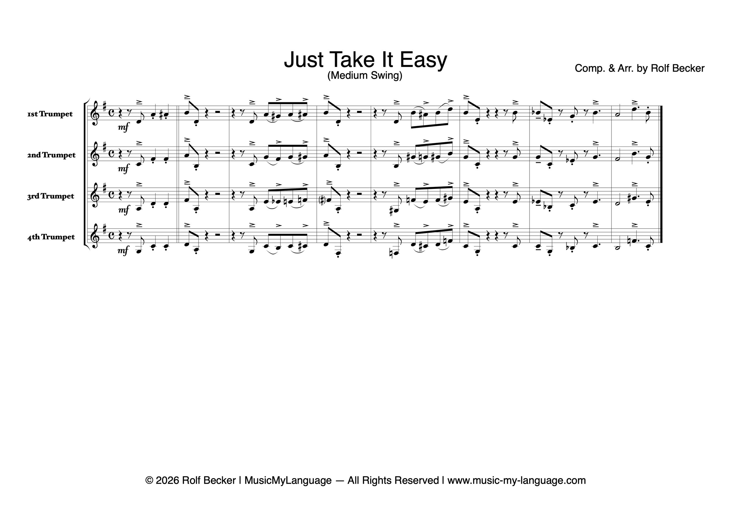 The Close Voicing from Example 1, adapted for four trumpets without octave doubling. This example illustrates the importance of evaluating instrumental registers before transferring a voicing between sections.