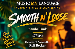 Album cover for 'Smooth N Loose' by Rolf Becker featuring Samba Funk music, with a silhouette of a musician playing drums against a colorful background.