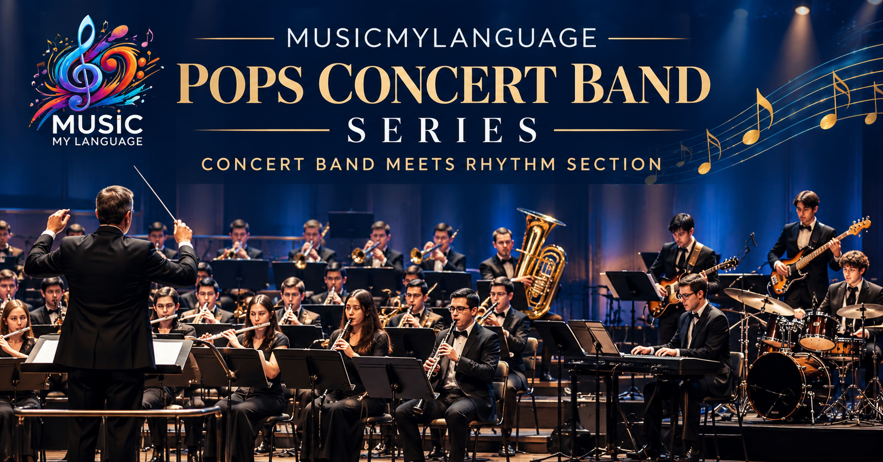 An orchestra performing live on stage with a conductor in front. The stage has a banner that reads 'Music My Language, Pops Concert Band Series, Concert Band Meets Rhythm Section.' Musicians are playing various instruments, including clarinets, saxophones, trumpets, and drums, all dressed in formal black attire.