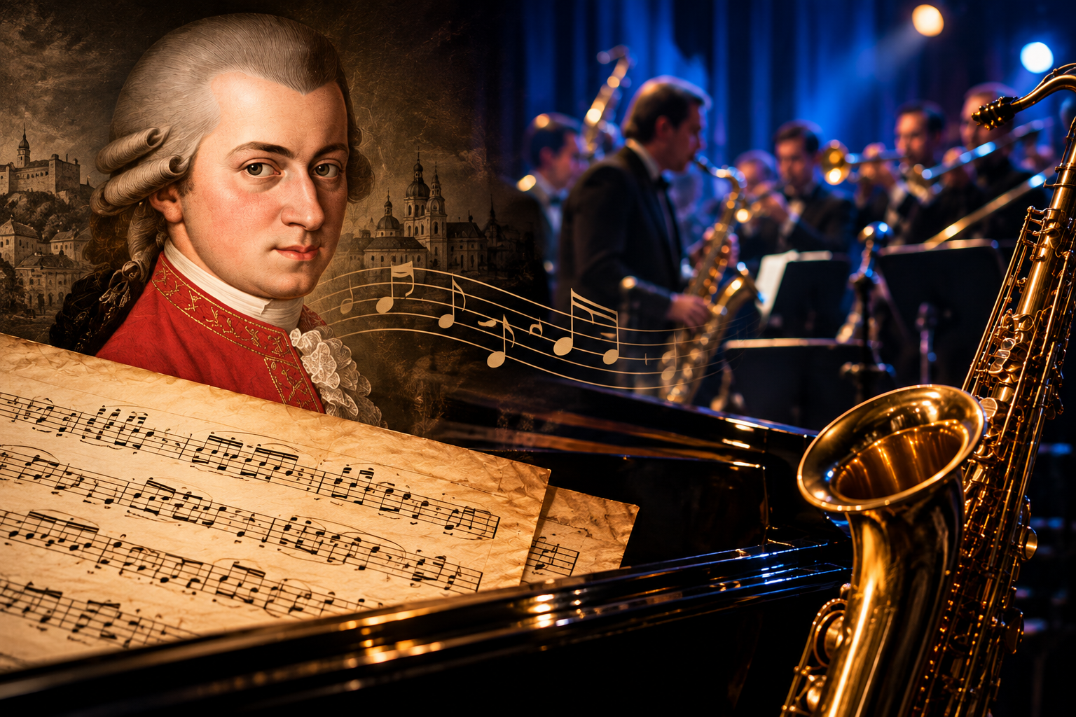Mozart and jazz big band imagery representing the MusicMyLanguage Classic Meets Jazz arrangement series