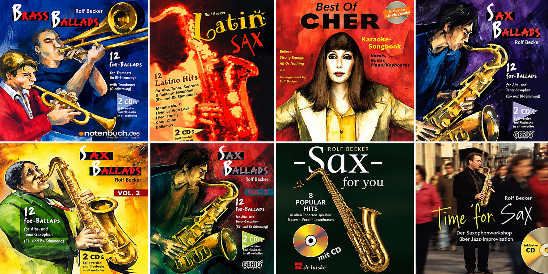 A collage of eight album covers and promotional images related to Rolf Becker's saxophone music, including sheet music covers for brass and sax ballads, a portrait of a woman, and a man playing a saxophone on a street.