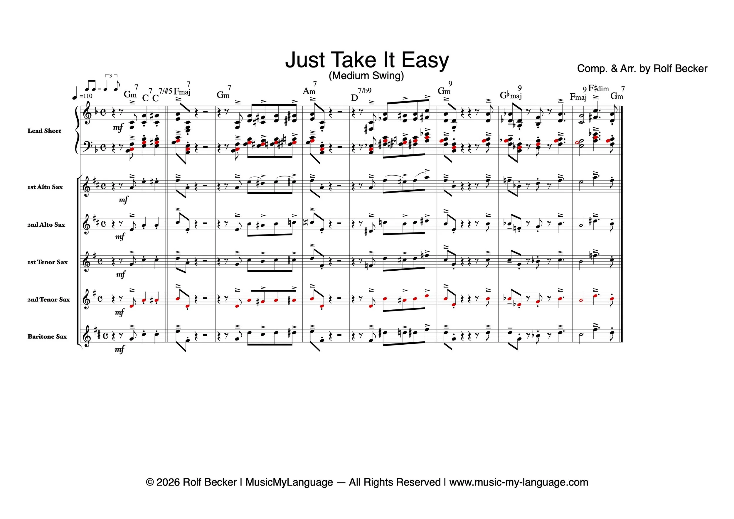 Four-part Drop 2 Voicing with the melody doubled one octave lower by Tenor Saxophone 2. The red noteheads identify the octave-doubled melody.