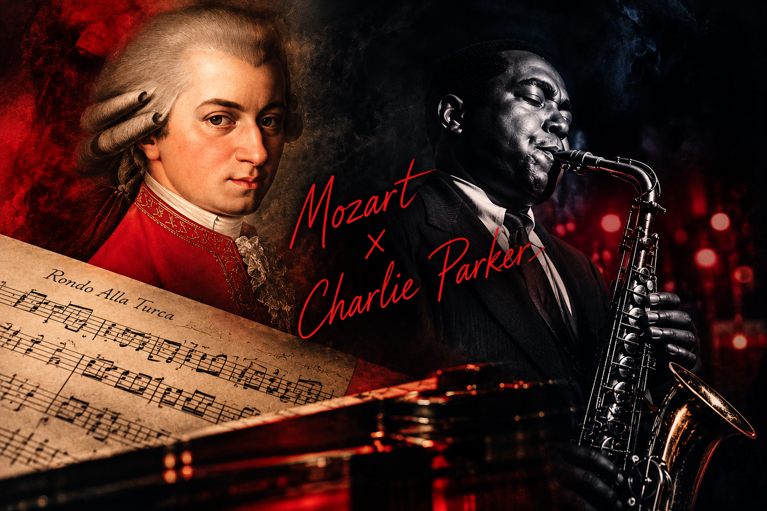 Mozart and Charlie Parker artwork for Wolfie Meets Charlie, a Classic Meets Jazz big band arrangement by Rolf Becker