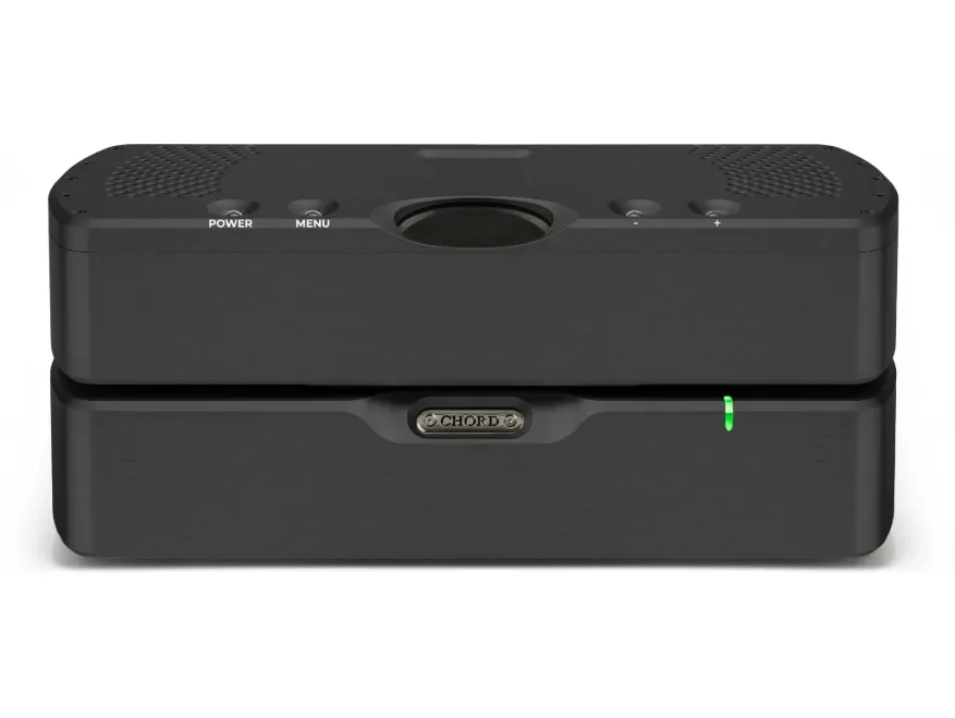 Black portable speaker with control buttons and a green indicator light.