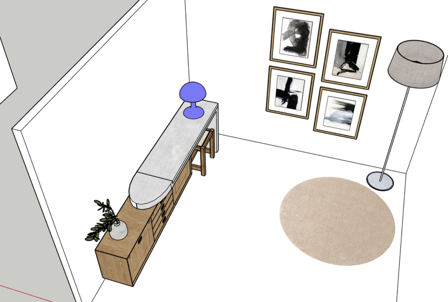 Salle de séjour moderne avec un mur d'exposition de cinq œuvres d'art abstrait dans des cadres dorés, une grande lampe de sol, un tapis beige circulaire, un meuble en bois avec une vase contenant des plantes, et une console avec une lampe bleue sur le dessus.