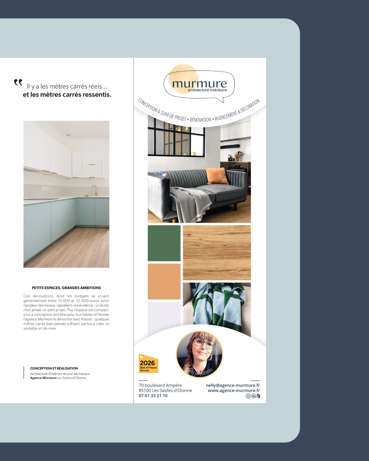Brochure de l'agence d'architecture intérieure Murmure, montrant des images d'intérieurs modernes, des palettes de couleurs et les coordonnées de l'agence.
