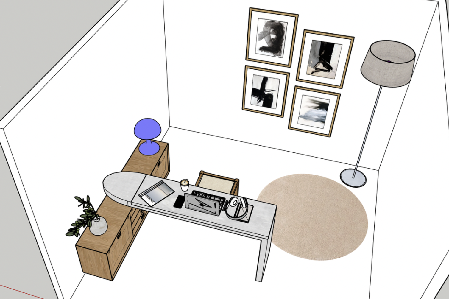 Un bureau moderne avec une table blanche, une lampe de bureau, un ordinateur portable, une tablette, un carnet, un pêle-mêle de photos murales, une plante dans un vase blanc, une commode en bois avec une lampe bleue dessus, un tapis beige rond et une lampe sur pied dans une pièce aux murs blancs.