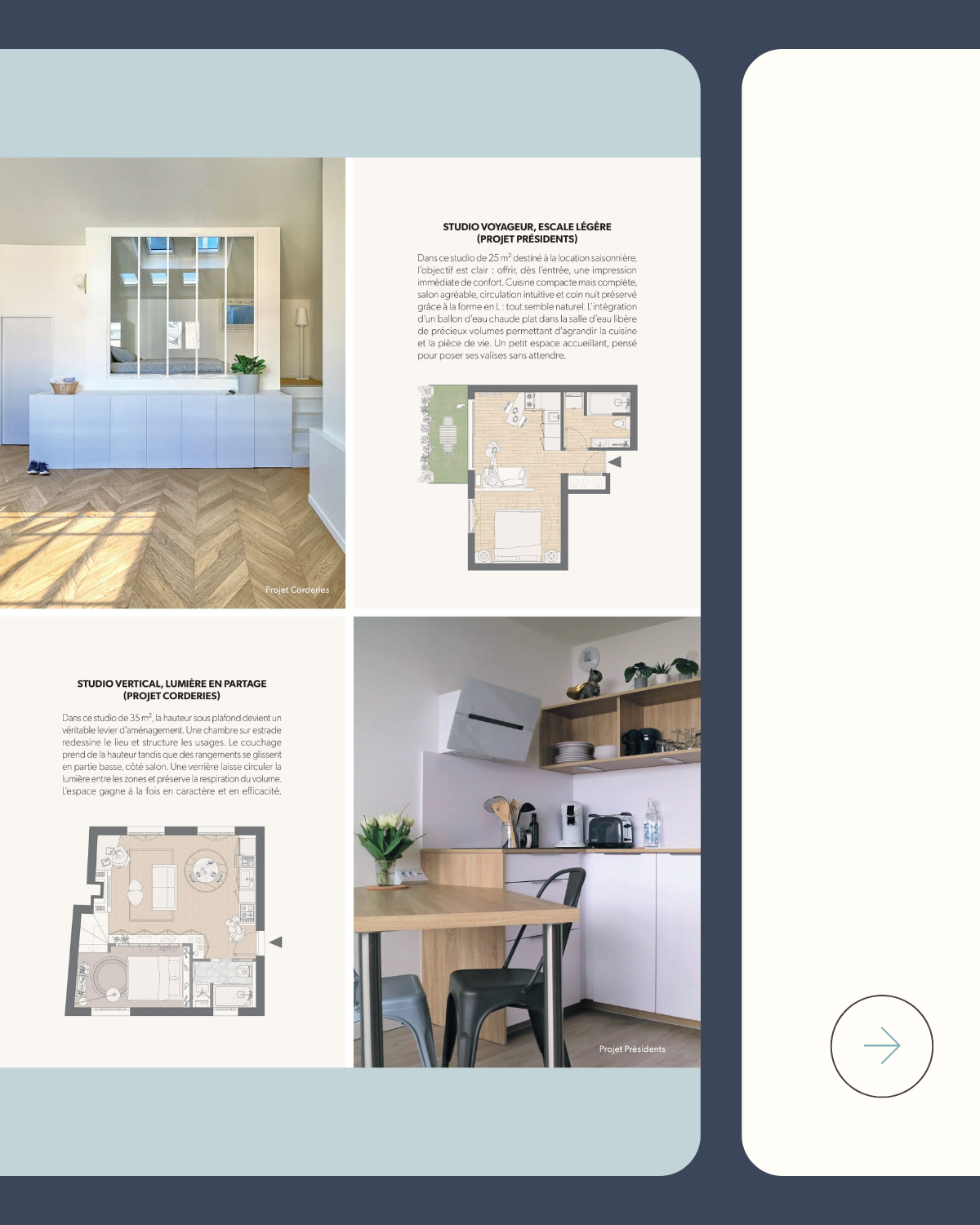 Une brochure présentant deux projets d'aménagement intérieur. La première image montre un espace de vie lumineux avec un parquet en chevrons, une grande fenêtre, un meuble blanc avec miroir et une plante verte. La deuxième image montre une cuisine moderne avec étagères en bois, appareils électroménagers et une table à manger. Il y a aussi des plans d'étage pour chaque projet.