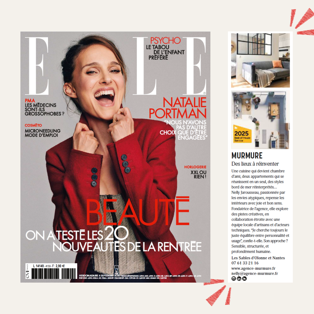 Couverture d'un magazine avec une femme souriante portant un blazer rouge, textes en français sur la mode, la beauté et des interviews