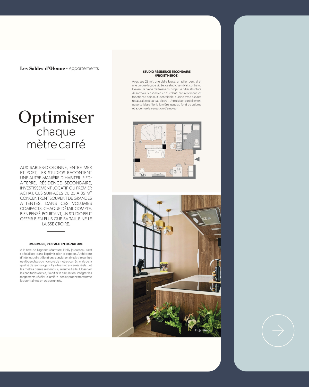 Brochure immobilier pour des appartements aux Sables-d'Olonne, comprenant texte descriptif, plan de l'appartement, et photo d'une cuisine moderne avec grand fenêtres et plantes.