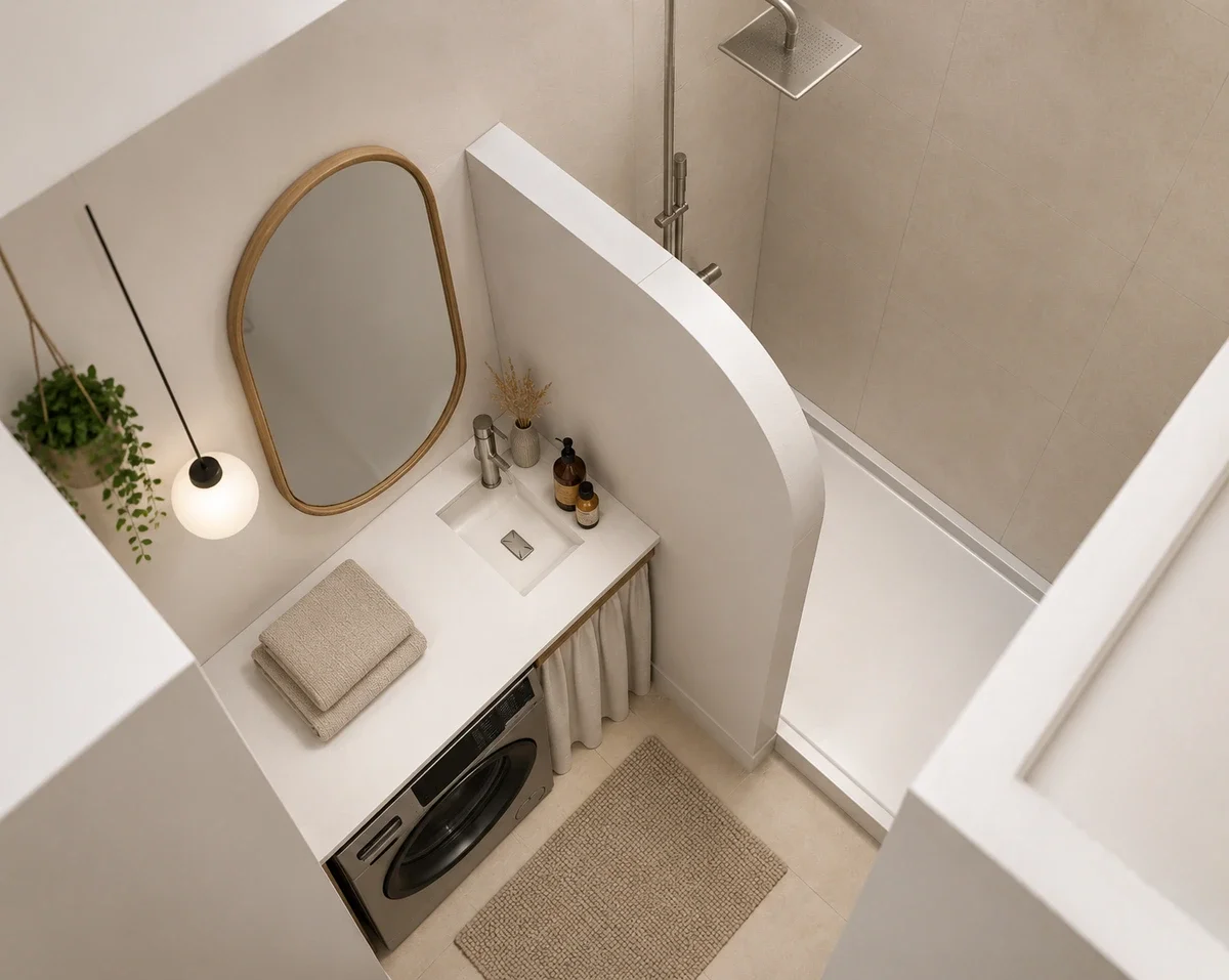Vue aérienne d'une salle de bain compacte avec douche, miroir ovale, lavabo avec serviettes, plantes, lotion, et machine à laver.
