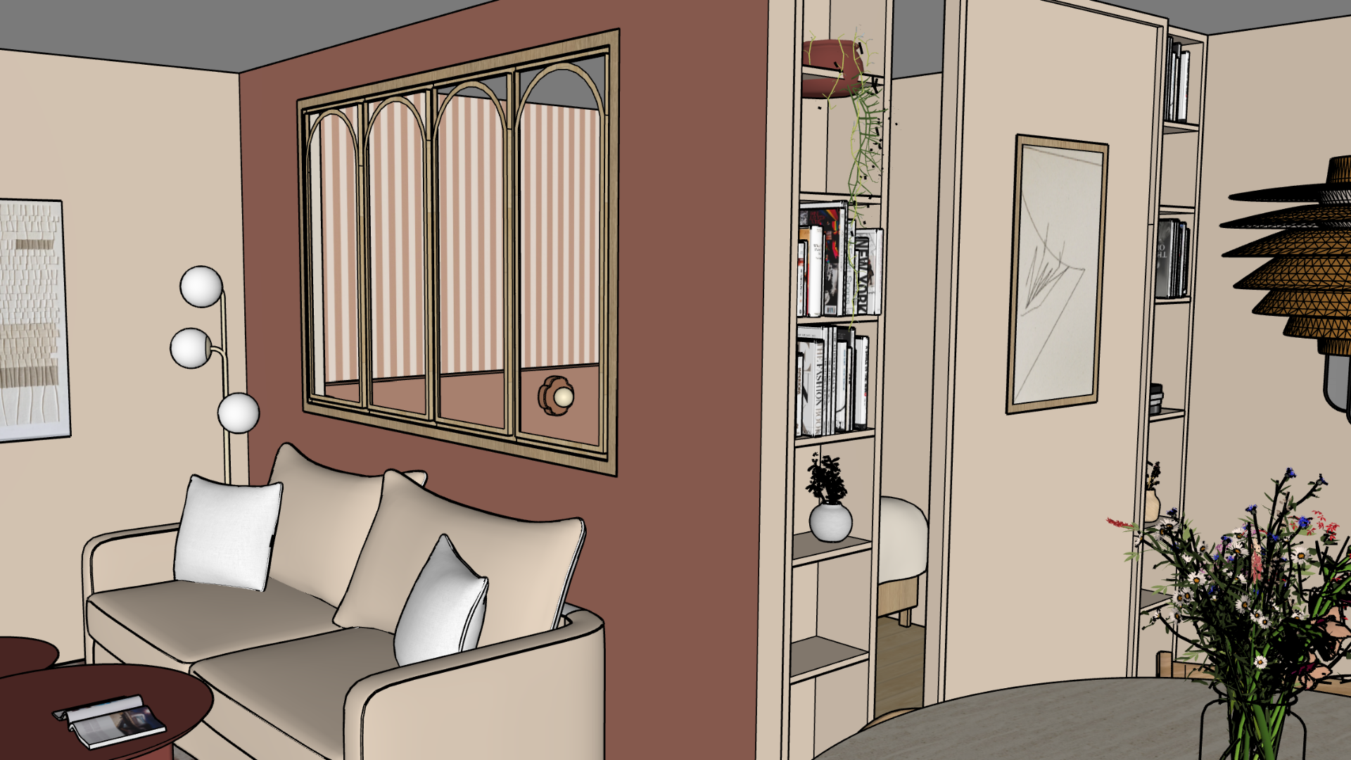 Un intérieur moderne avec un canapé beige, une étagère blanche avec des livres, des plantes et des décorations, un miroir et un lampadaire à trois globes