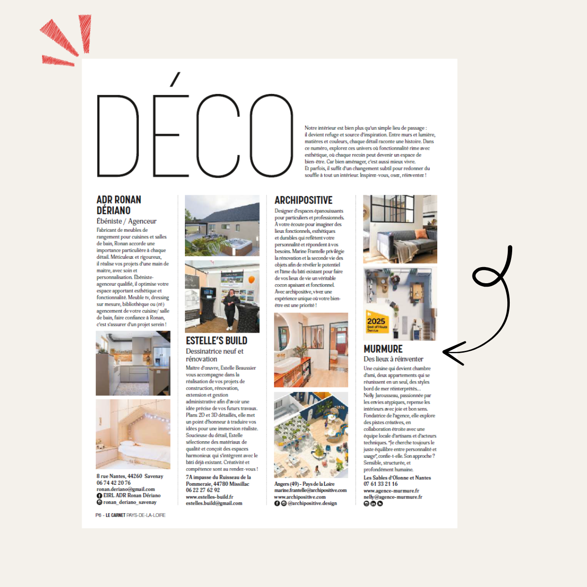 Page d'un magazine ou brochure avec plusieurs articles sur la décoration intérieure, comprenant des images de pièces et des descriptions, notamment une rubrique intitulée 'MURMURE' à propos de la réinvention d'une cuisine.