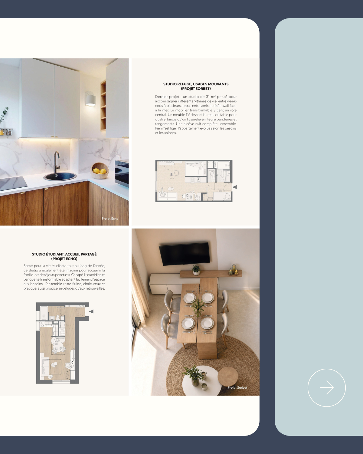 Plan d'un appartement et photos de l'intérieur, comprenant une cuisine en marbre blanc avec plancher en bois, un salon avec un meuble TV, et une salle à manger avec une table en bois entourée de six chaises, décorée avec des plantes et des bougies.