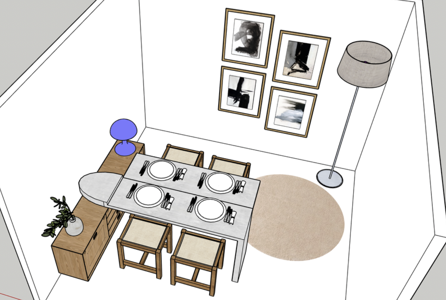 Une salle à manger avec une table carrée, quatre chaises en bois, un buffet en bois avec une plante en pot, une lampe sur un côté et une affiche murale abstraite en noir et blanc.