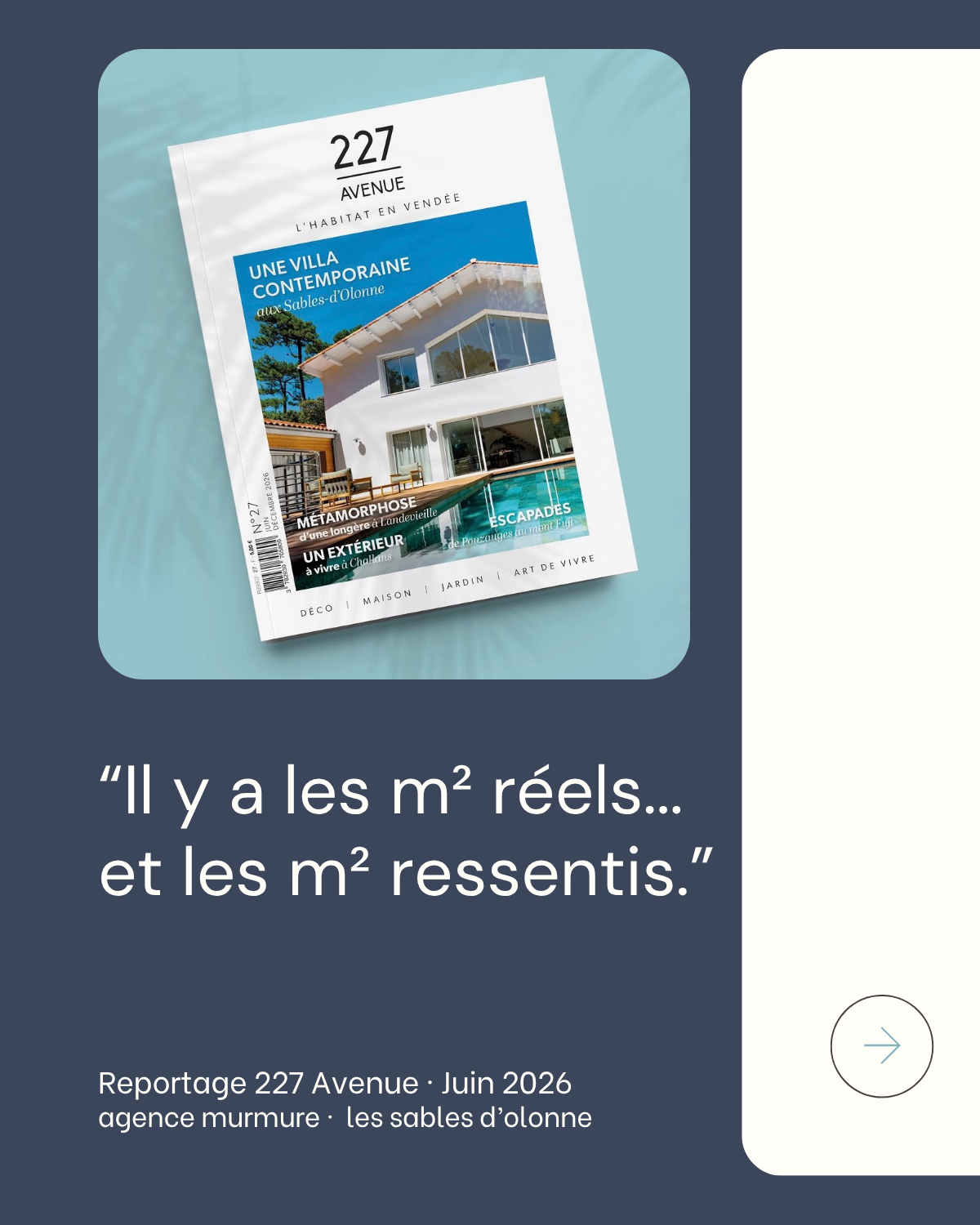 Une couverture de magazine avec une maison moderne blanche et une piscine, située à Sables-d'Olonne.