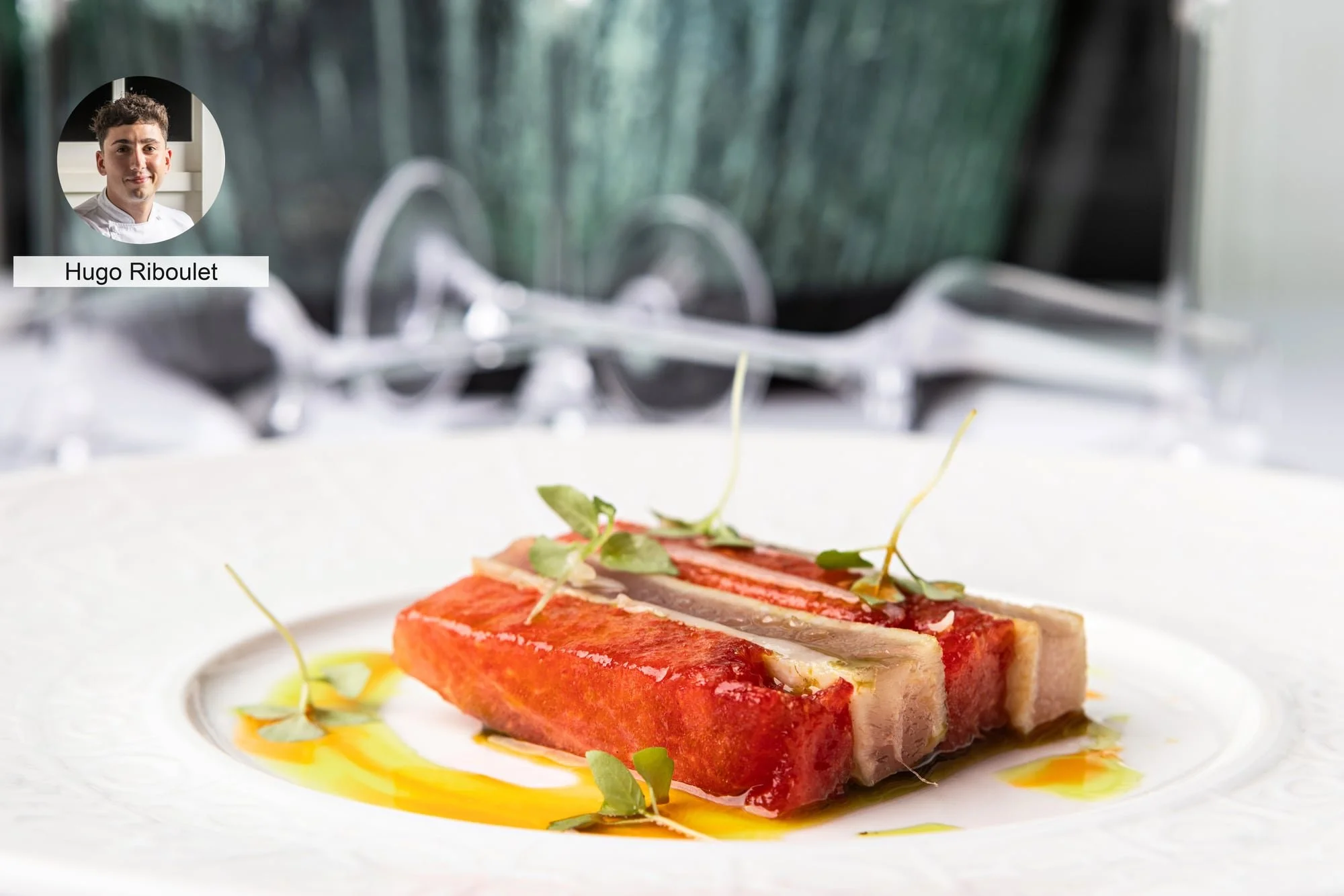 Layered red terrine by chef Hugo Riboulet, presented on a fine-dining plate.