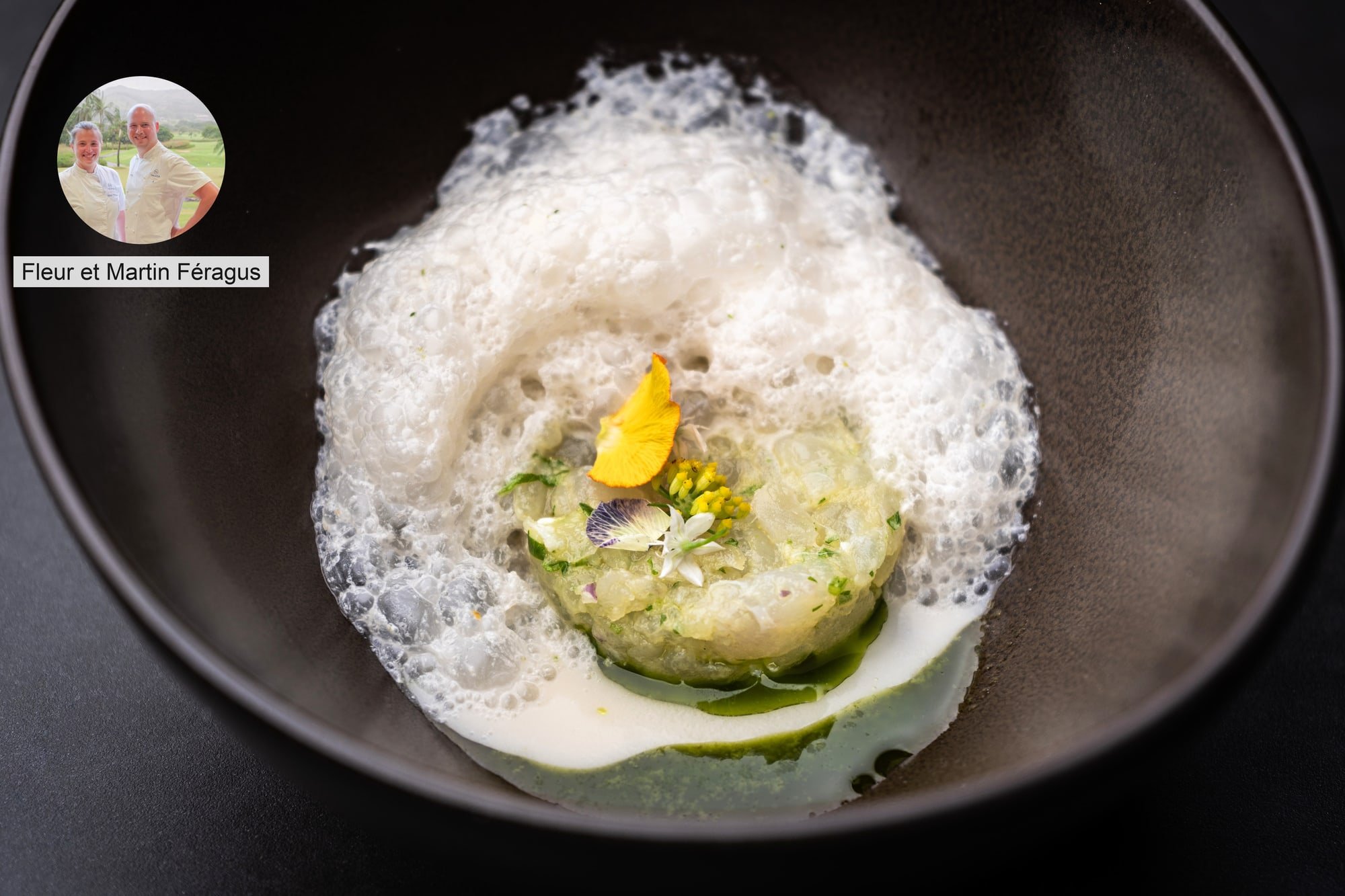 Delicate fine-dining starter with light foam by chefs Fleur and Martin Feragus.