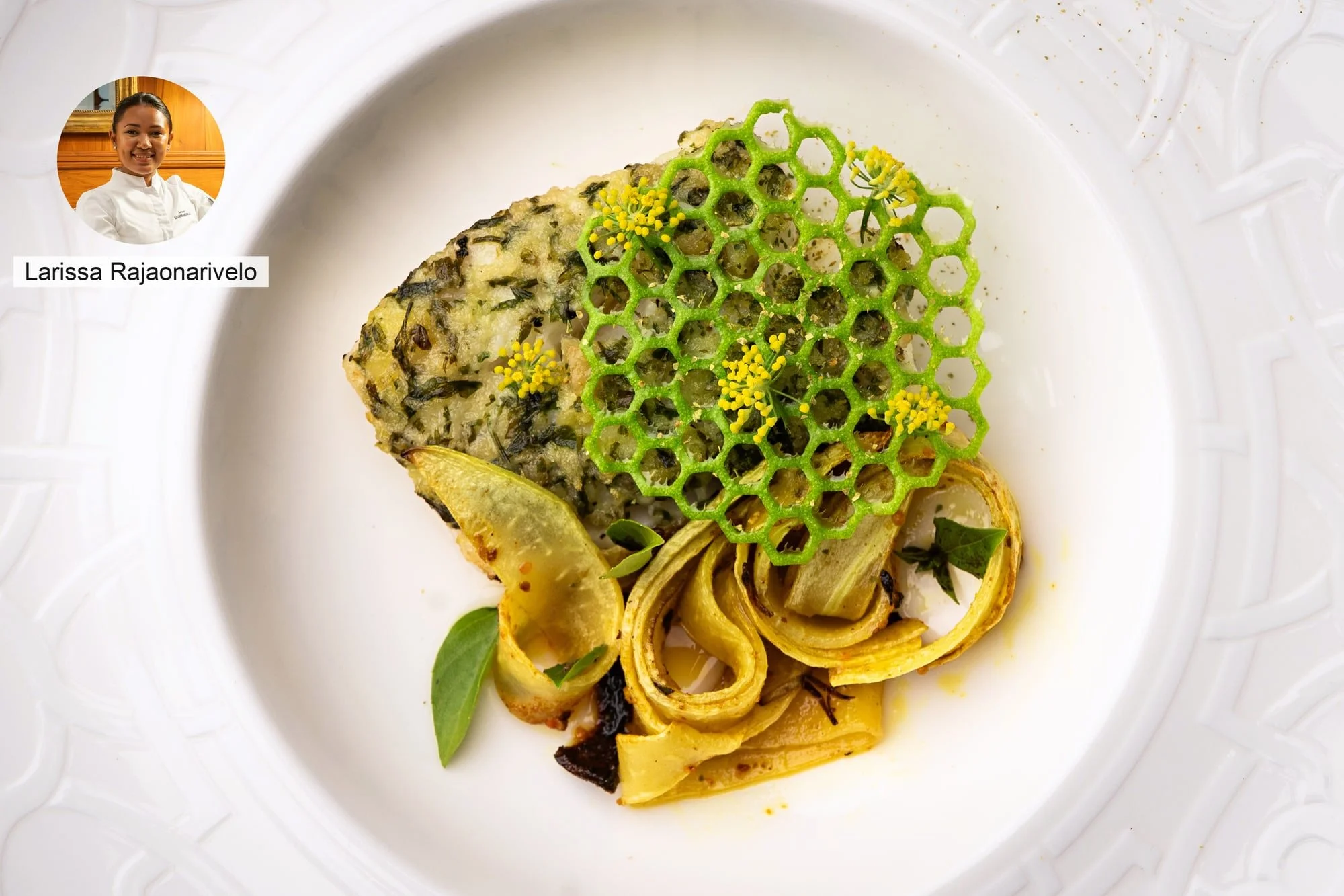 Pasta with crisp green garnish by chef Larissa Rajaonarivelo, photographed in Mauritius.