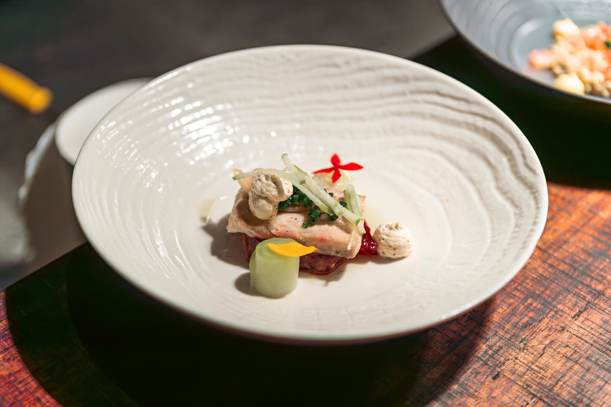 Fine-dining plated starter by chef Björn Freitag, photographed for a gastronomy event in Mauritius.