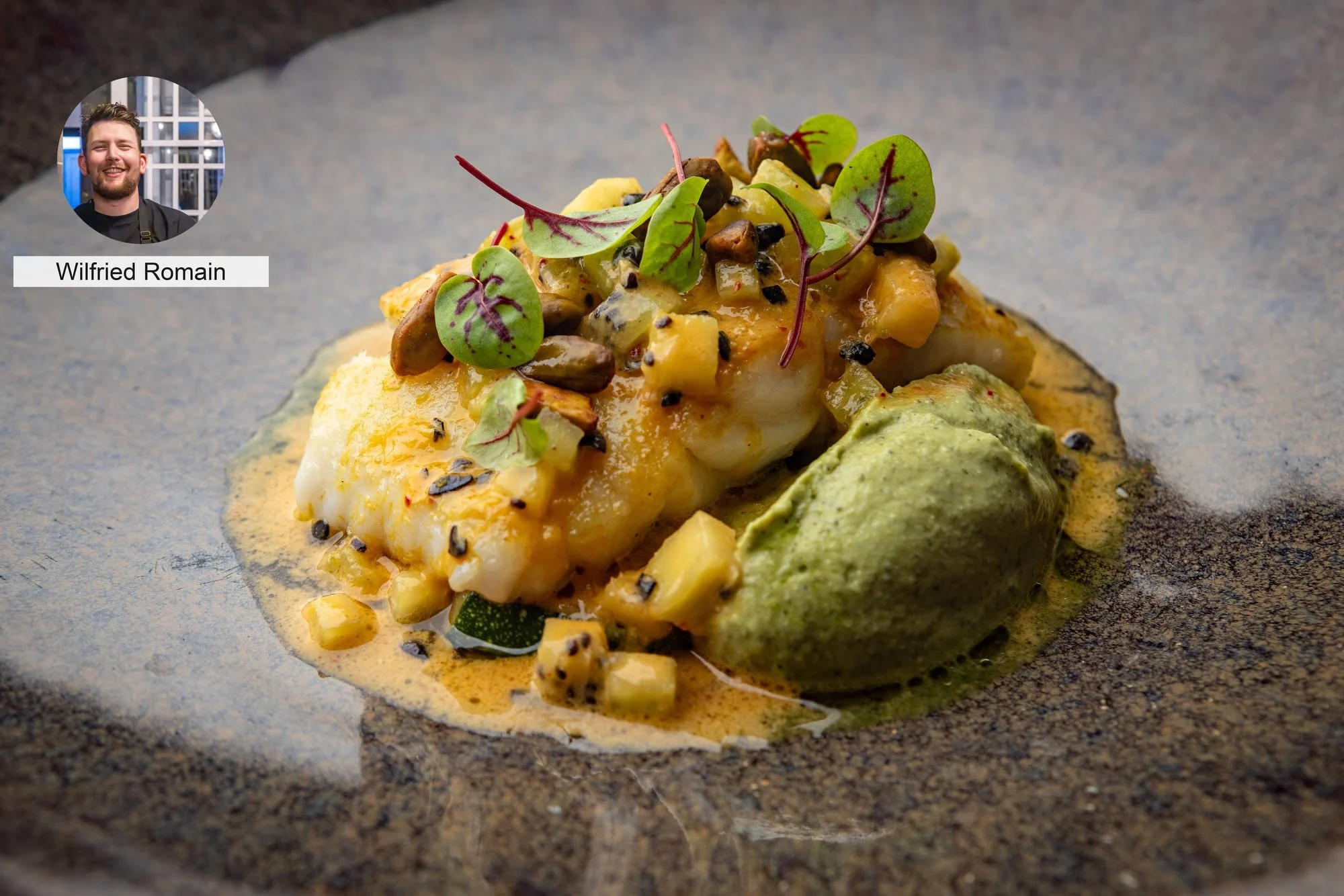 Gnocchi with green quenelle by chef Wilfried Romain.