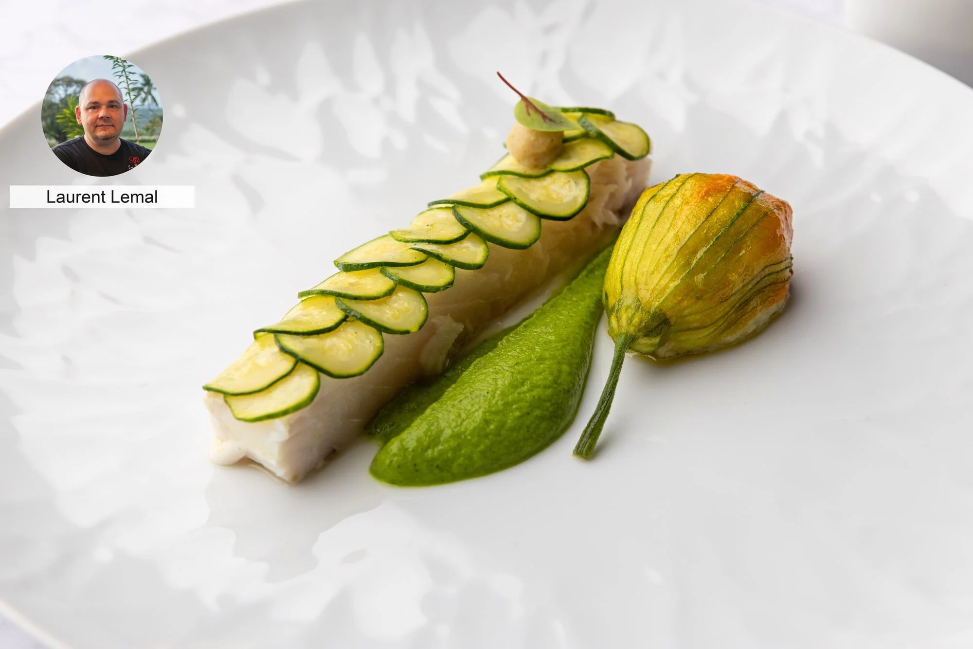 White fish fillet with courgette flower by chef Laurent Lemal.
