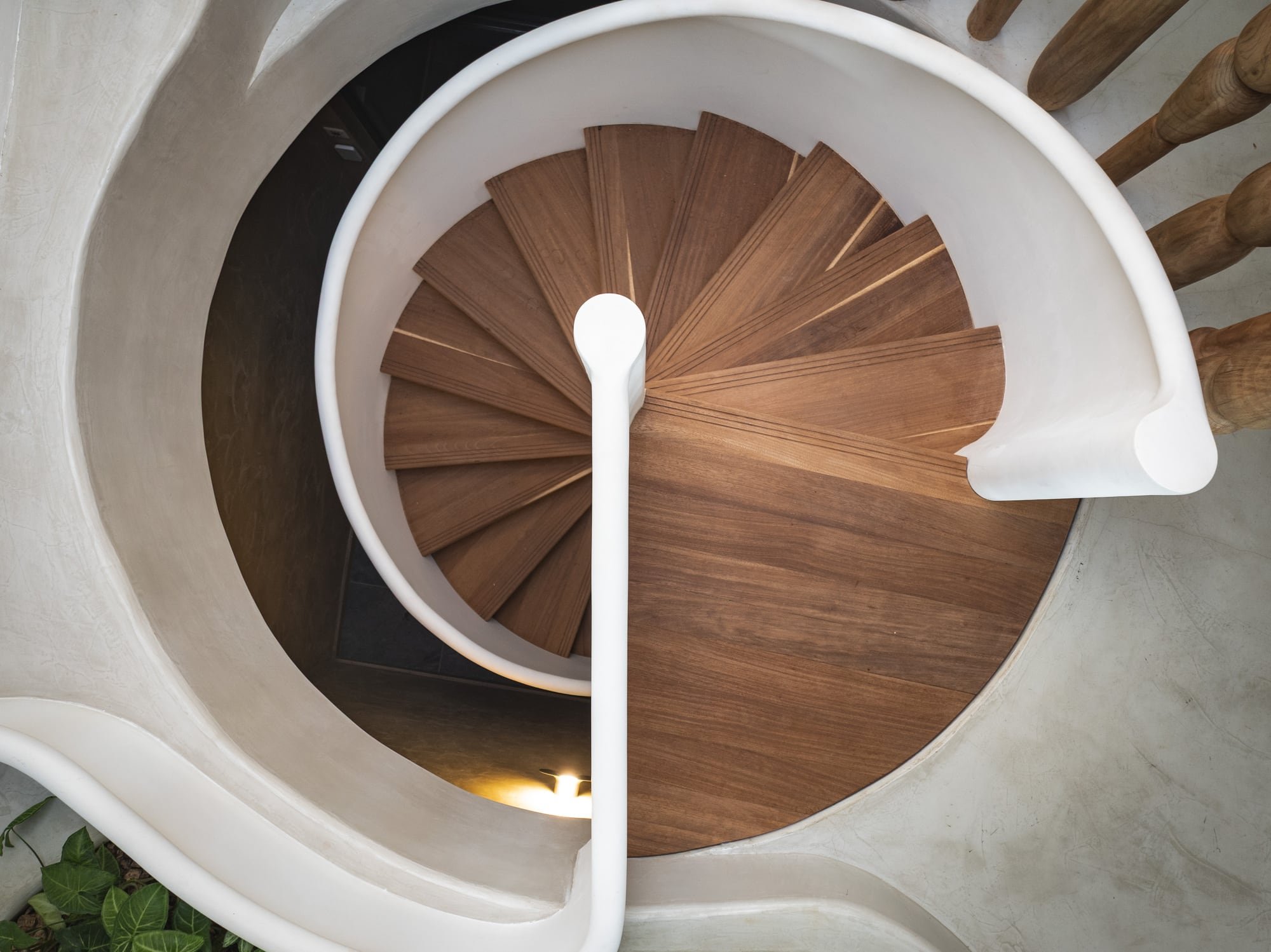 Muse Villa — overhead view of a sculptural timber spiral staircase.