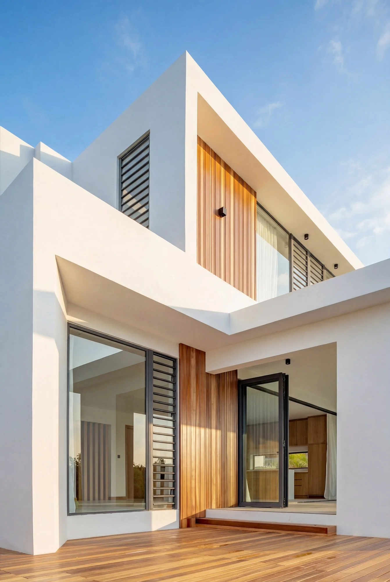 Azuri villa, Mauritius — geometric white facade and timber shutters.