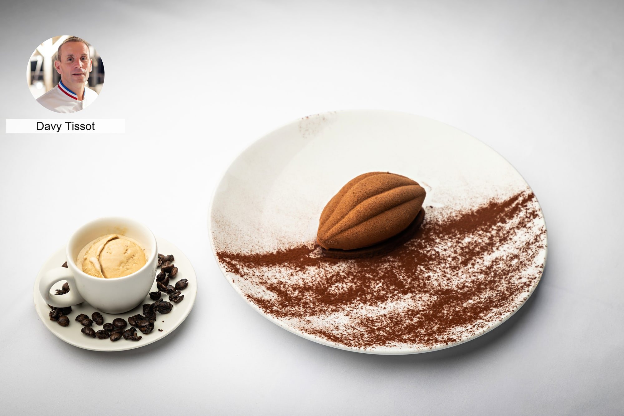 Coffee-inspired dessert by chef Davy Tissot, plated for a gastronomy event.
