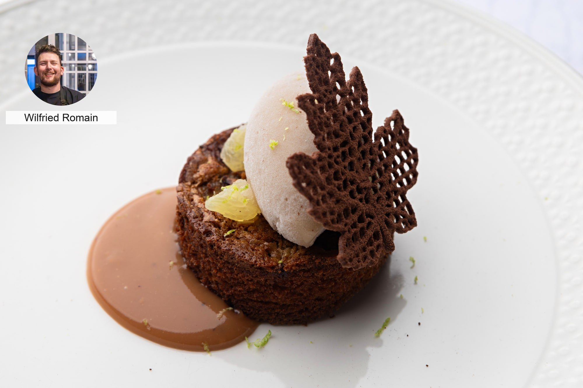 Chocolate dessert with ice cream by chef Wilfried Romain.