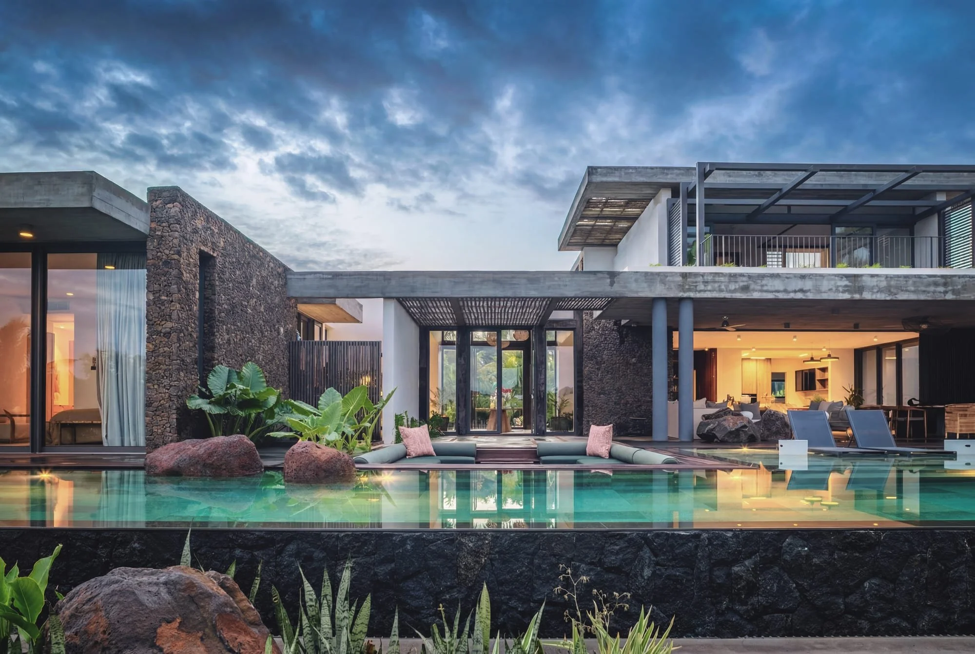 Villa Anahita H15, Mauritius — contemporary facade and pool at blue hour.