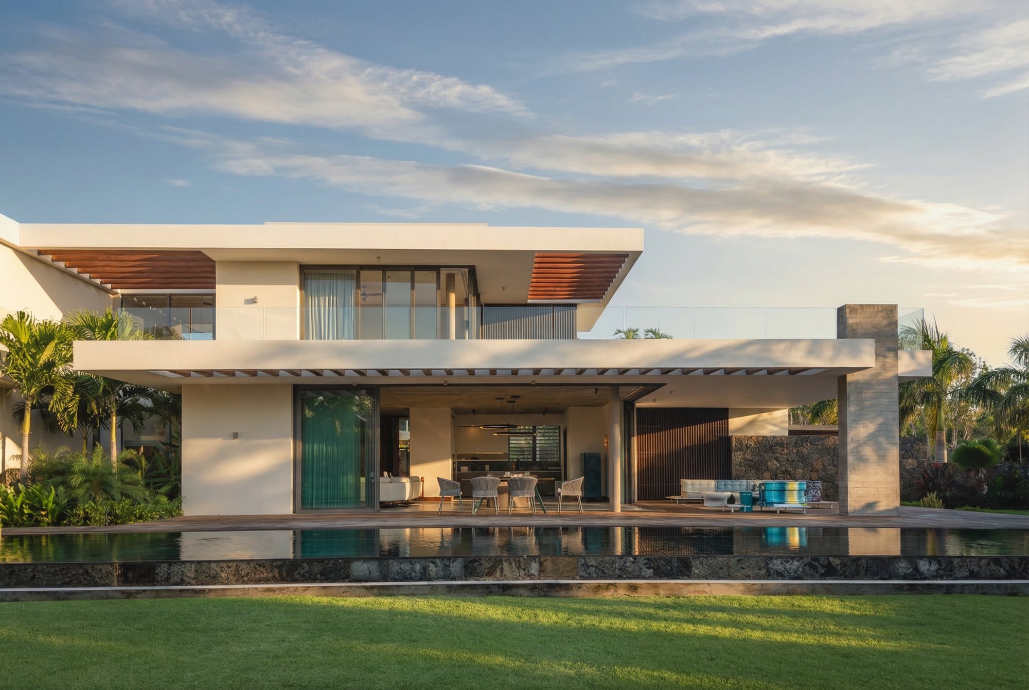 Villa Anahita H39, Mauritius — contemporary facade and pool in evening light.
