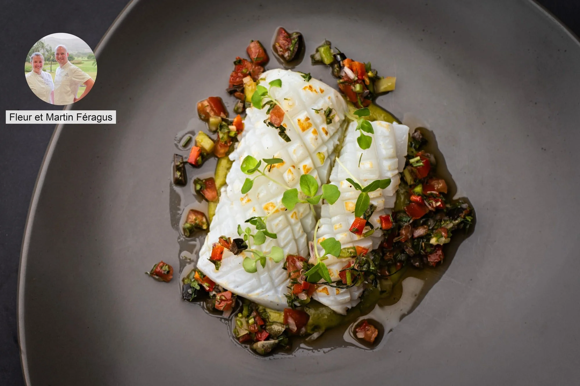 White fish fillet with diced vegetables by chefs Fleur and Martin Feragus.