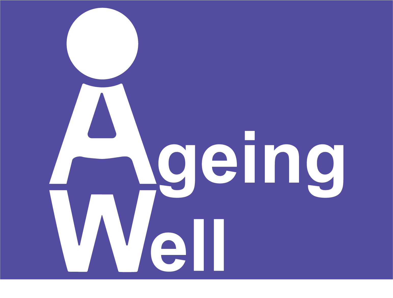 A graphic with a purple background featuring a white stylized human figure and the words "Aging Well" in white text.