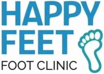 Logo for Happy Feet Foot Clinic featuring a stylized footprint and text in blue and black.
