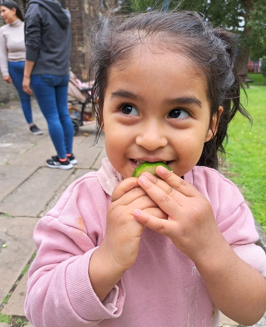 Young girl with dark hair in pigtails eating a slice of cucumber outdoors on a cloudy day.