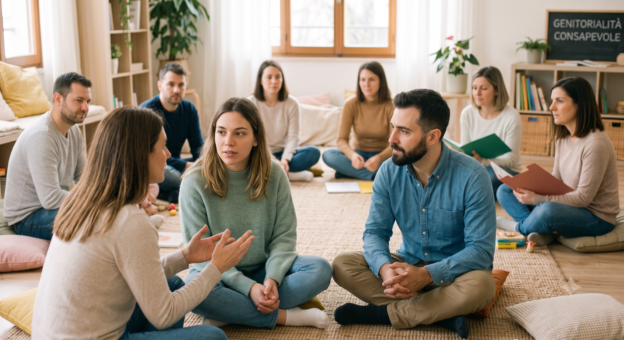 Group of people sitting on the floor in a circle, engaging in a discussion in a cozy room with large windows, bookshelves, and indoor plants.
