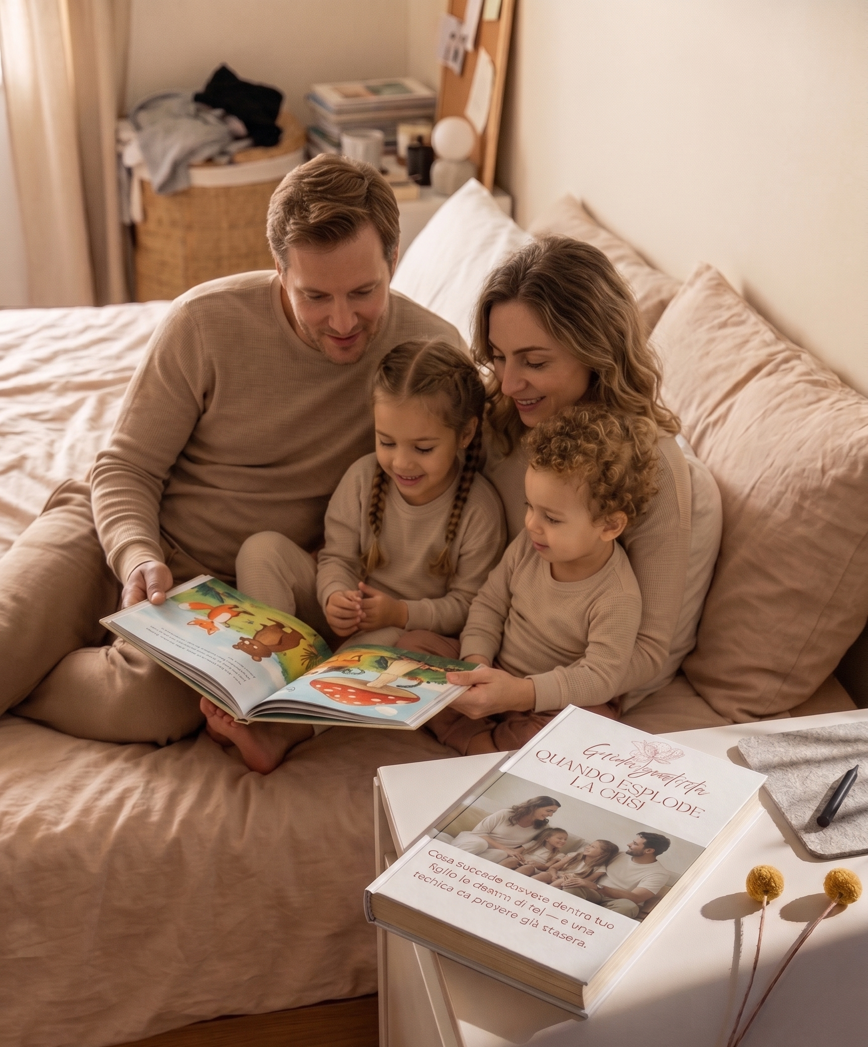 Famiglia felice che legge un libro per bambini