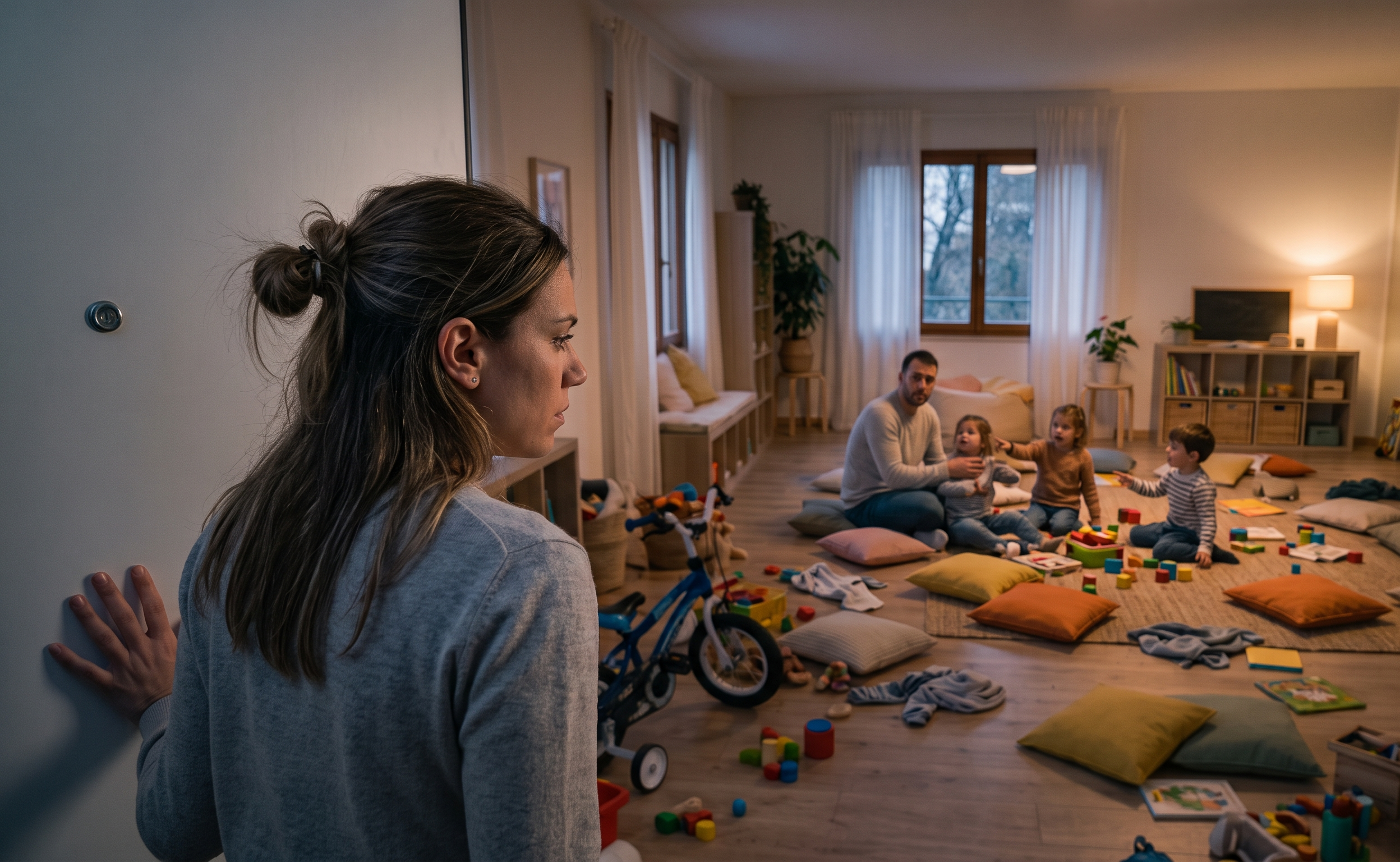 Scena del caos: mamma stanca rientra a casa e guarda i figli e il marito